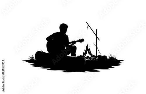 Silhouette of Camper Playing Guitar by Campfire