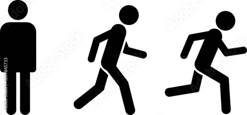 Black stick figures illustrating human movement progression: standing, walking, and running activity.