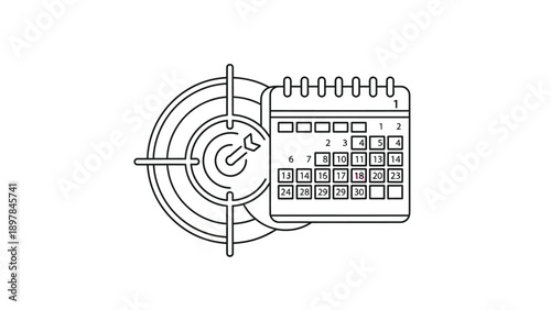 Black and white line art icon symbolizing the crucial alignment of achieving specific goals with a predetermined and tracked monthly schedule or deadline