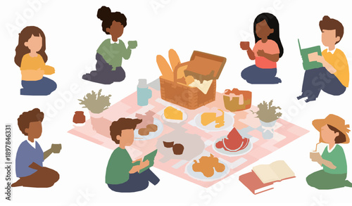 Playful summer picnic cartoon scene flat vector clipart set