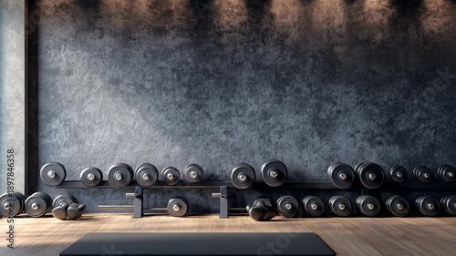 Gym interior with dumbbells and yoga mat on wooden floor.