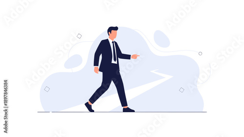 Businessman walking forward, pointing direction, modern flat illustration style