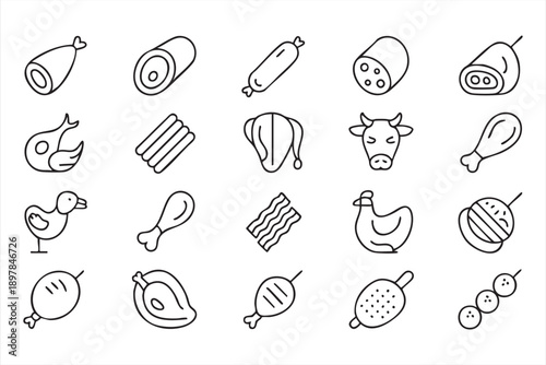 Beef Chicken And Sausage Icons In Minimal Black Line Style