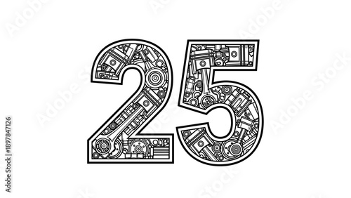 Number 25 Made of Mechanical Parts Engine Components Gears Pistons.