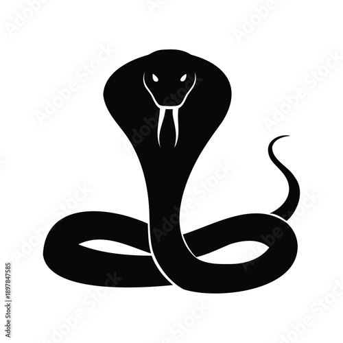 Black and white silhouette of a cobra snake vector illustration, A striking black and white silhouette of a cobra snake in a coiled position, perfect for vector illustrations
