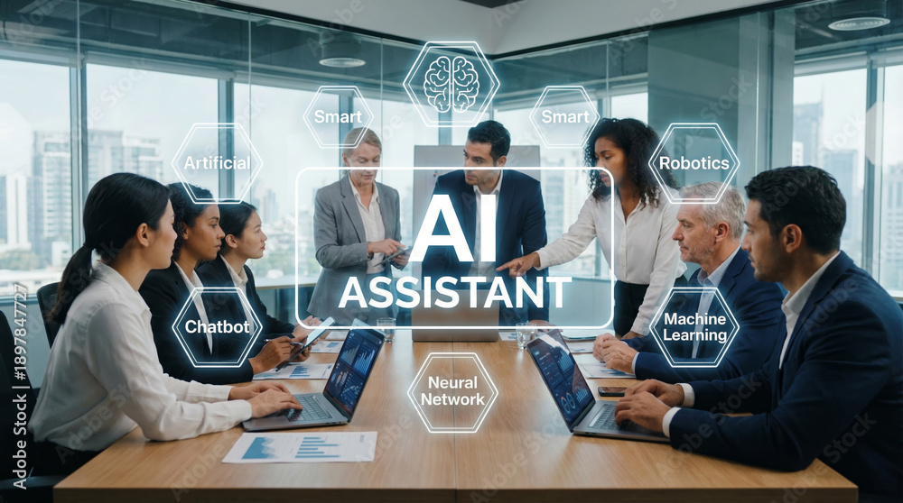 Fototapeta premium Ai meeting assistant technology business team discussion in modern office with digital interface