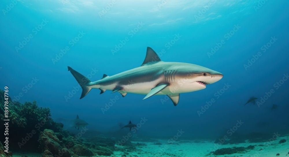 Fototapeta premium Great white shark swimming underwater ocean blue vector illustration flat design