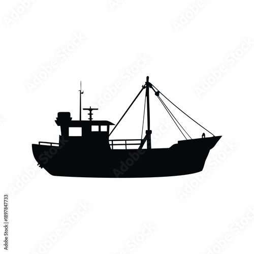 Fishing boat silhouette vector illustration design, A black and white silhouette of a fishing boat with detailed vector illustration