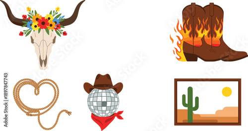 Western Cowboy Elements Set with Skull Boots Rope Disco Ball and Desert Landscape, Flat Vector Illustration