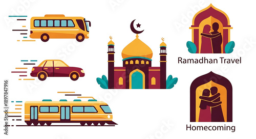 Flat vector set of fast transport bus, car, train for holiday travel. Mosque icon and family reunion scenes for festive homecoming journeys