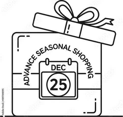 Outline icon representing an open gift box featuring a calendar marking december twenty fifth for advance seasonal shopping reminders and holiday planning concepts