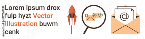 Digital marketing, online communication, email services, start-up, technology solutions, productivity. Rocket, envelop icons search glass with email. Digital marketing and online communication