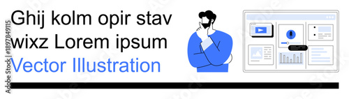 Business planning, data analysis, technology tools, decision-making process, user interfaces, corporate strategy. A person thinking next to graphs and charts display. Business planning and data