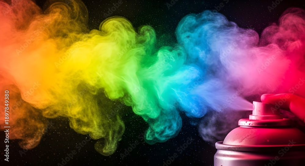Fototapeta premium magic of rainbow, Vibrant Spray Paint Can Exploding with Colorful Rainbow Smoke Clouds on Black Background