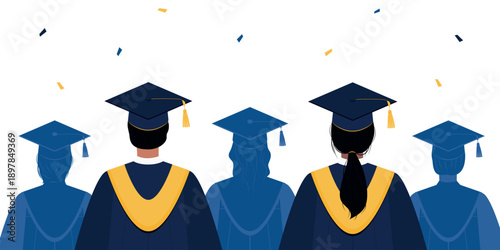 Group of students in graduation cap and gown, view from the back. College or university ceremony. Vector illustration for banner, invitation, greeting card.