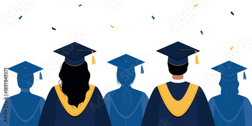 Group of students in graduation gown and cap view from the back. Graduation ceremony. Vector illustration for banner, invitation, greeting card.