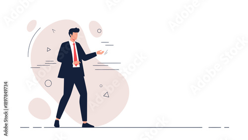 Businessman in Suit Presenting Idea with Abstract Shapes Background