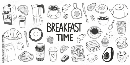A collection of hand drawn breakfast items and beverages in black and white
