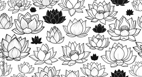 Floral Illustration, Lotus Flowers, Botanical Art, Black and White, Nature