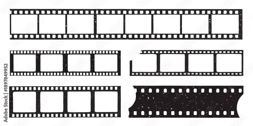 Obraz premium Black and white film strips with varying frame counts and damage