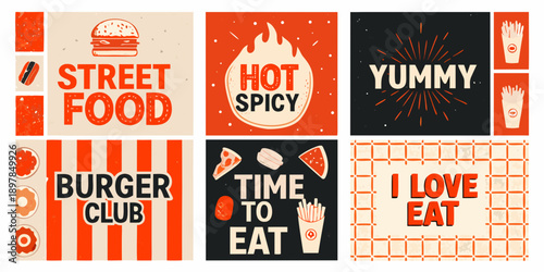 Colorful street food themed illustrations with text and food graphics