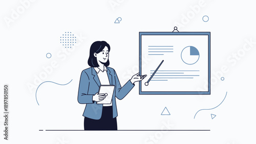Businesswoman Presenting Data on Whiteboard, Modern Flat Illustration