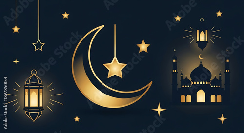 Golden Crescent Moon, Lanterns, and Mosque Silhouette for Islamic Celebrations and Ramadan