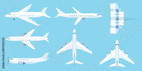 Various airplane views top side and front perspectives illustrated