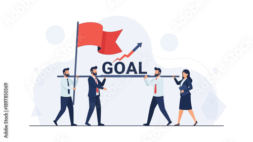 Teamwork achieving business goal with success arrow and red flag, vector illustration