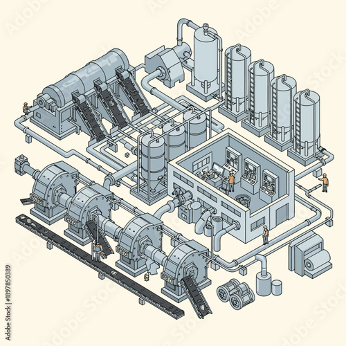Isometric illustration of an industrial facility with complex machinery and infrastructure.