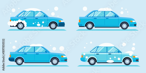 Four stages of car washing soaping rinsing and initial cleaning process