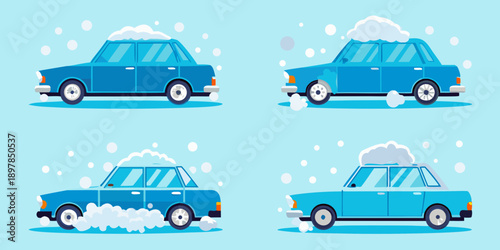 Blue cars covered in snow a winter scene with various perspectives