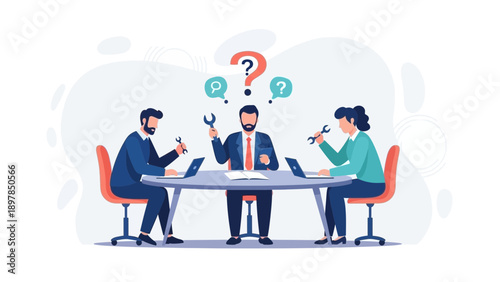 Teamwork solving business problems with tools and laptops