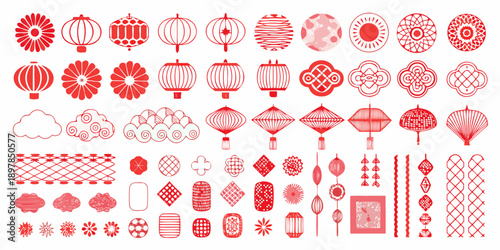 Collection of red chinese lanterns and decorative floral patterns