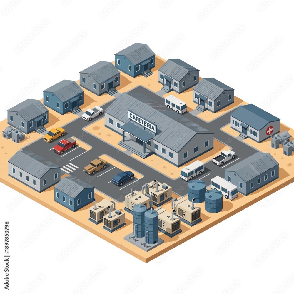 Obraz premium Isometric Factory Complex with Buildings and Vehicles.