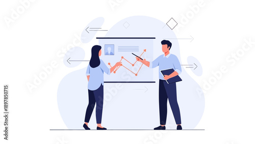 Business meeting: two colleagues analyzing financial chart on whiteboard