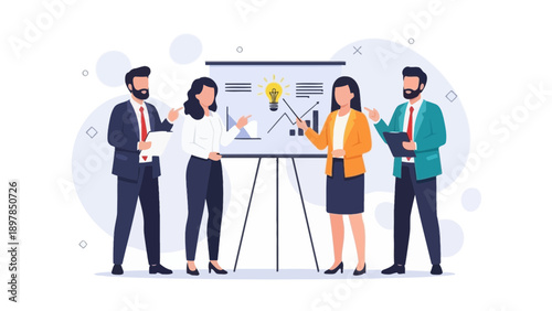 Business Team Presenting New Idea with Lightbulb on Whiteboard