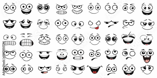 Collection of diverse black and white cartoon facial expressions and mouths
