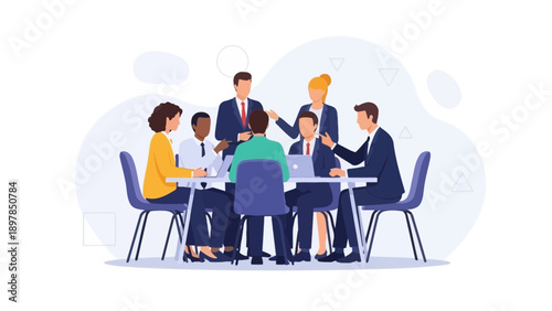 Diverse business team in meeting, discussing ideas around a table with laptop