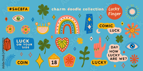 Colorful lucky charm doodle collection with various symbols and text