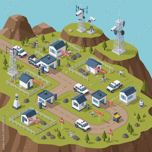 Telecommunication infrastructure on a cliffside with various towers and buildings.