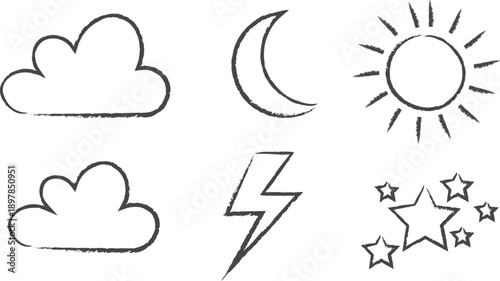 Chalk kid cloud weather symbols set. Vector illustrations of stars, clouds, moon, sun, and thunder isolated for travel blog, meteorology forecast in crayon, charcoal or chalk style. Weather scribble