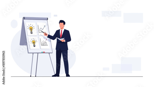 Businessman presenting strategy on flip chart with graphs and lightbulb ideas