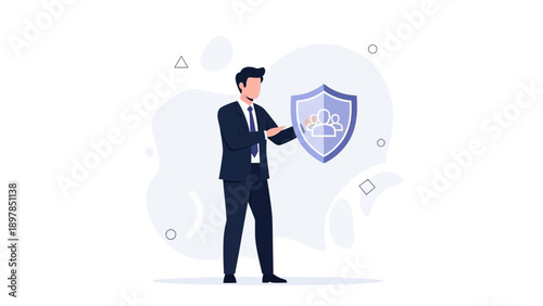 Businessman Holding Shield Protecting People Icon