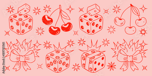 Red line art illustration featuring dice cherries and stylized floral elements