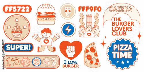Colorful sticker collection featuring burgers pizza and playful design elements
