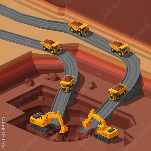 Heavy machinery operating in an open pit mine with conveyor belts.