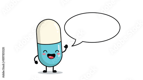 Smiling blue and white capsule medicine character waving its hand next to a blank speech bubble for health tips.