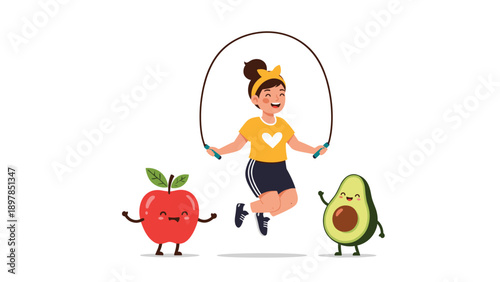 Young girl jumping rope outdoors accompanied by happy apple and avocado characters promoting healthy lifestyle for kids.