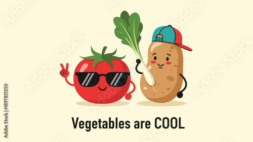 Cool tomato character wearing sunglasses and a potato character with a cap holding a leaf representing healthy vegetables.